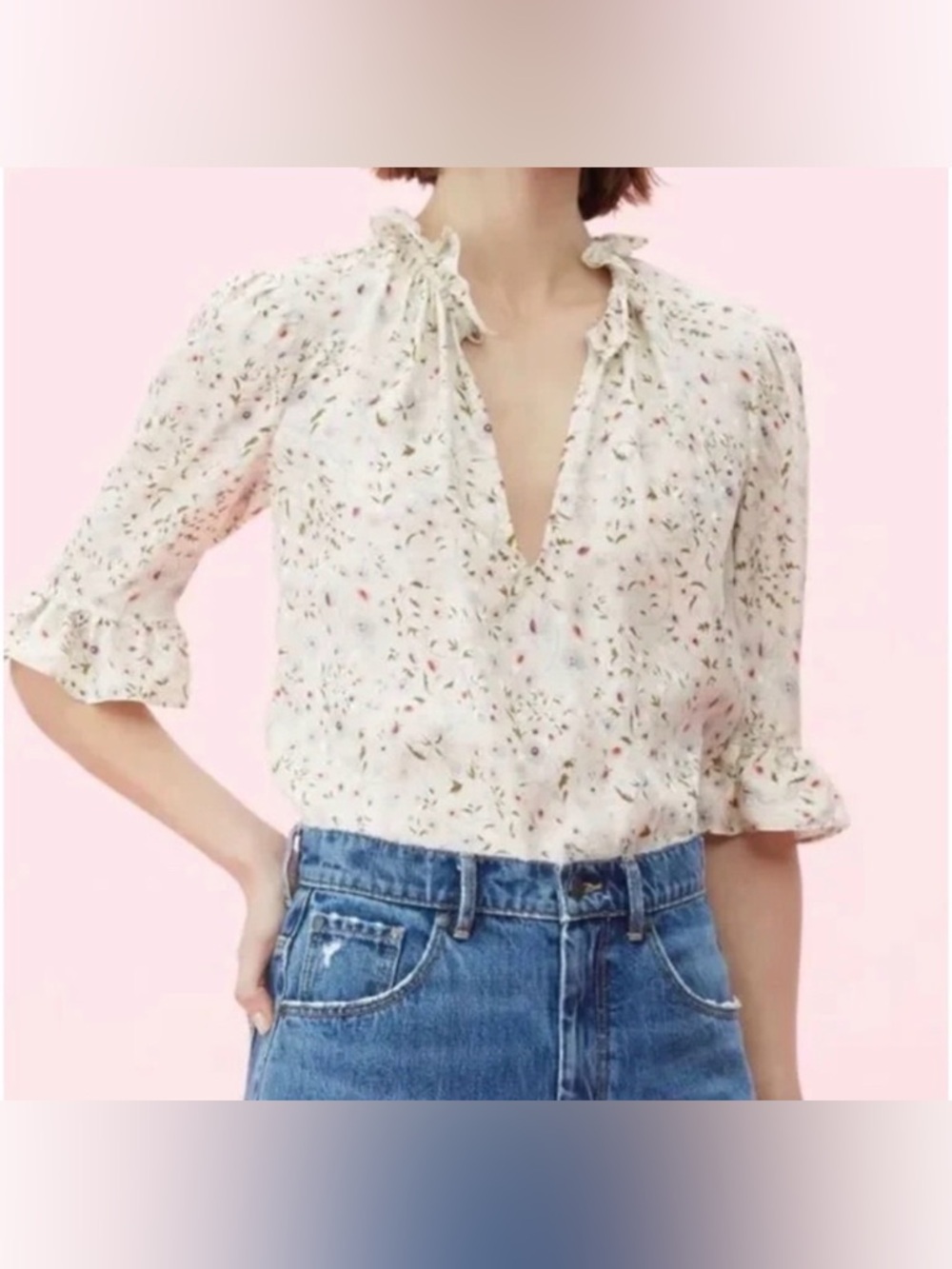 Rebecca Taylor 100% Silk Ruffle Neck Floral Blouse Top Size 6